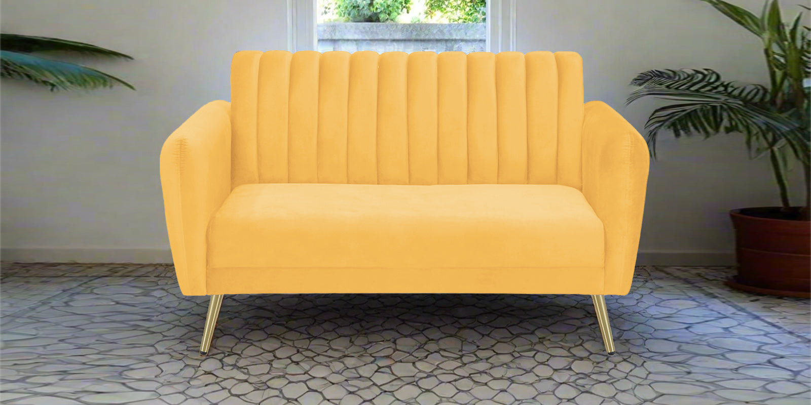 Fidel Velvet 2 Seater Sofa In Turmeric Yellow Colour - Febonic Living