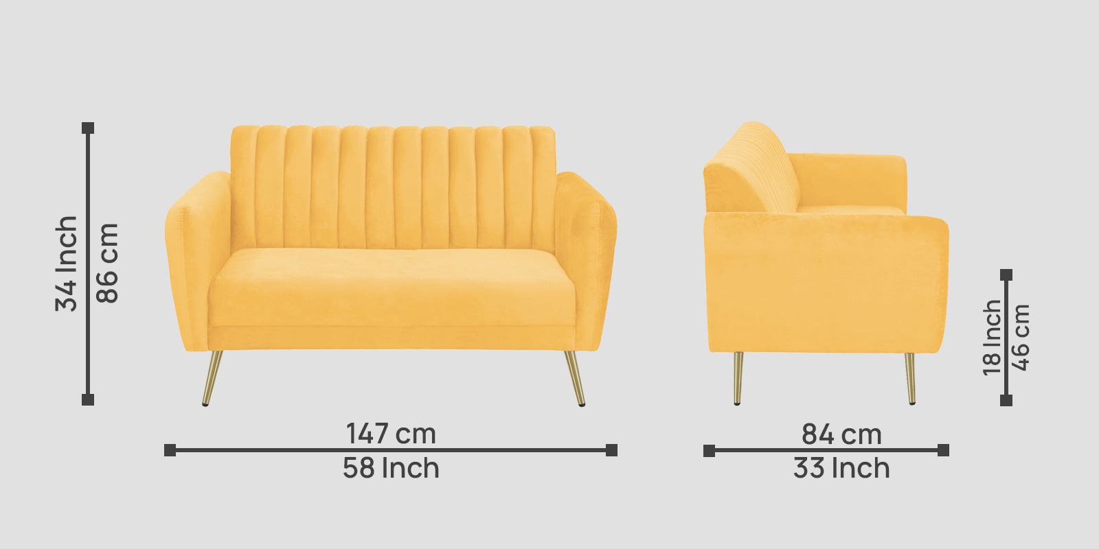 Fidel Velvet 2 Seater Sofa In Turmeric Yellow Colour - Febonic Living