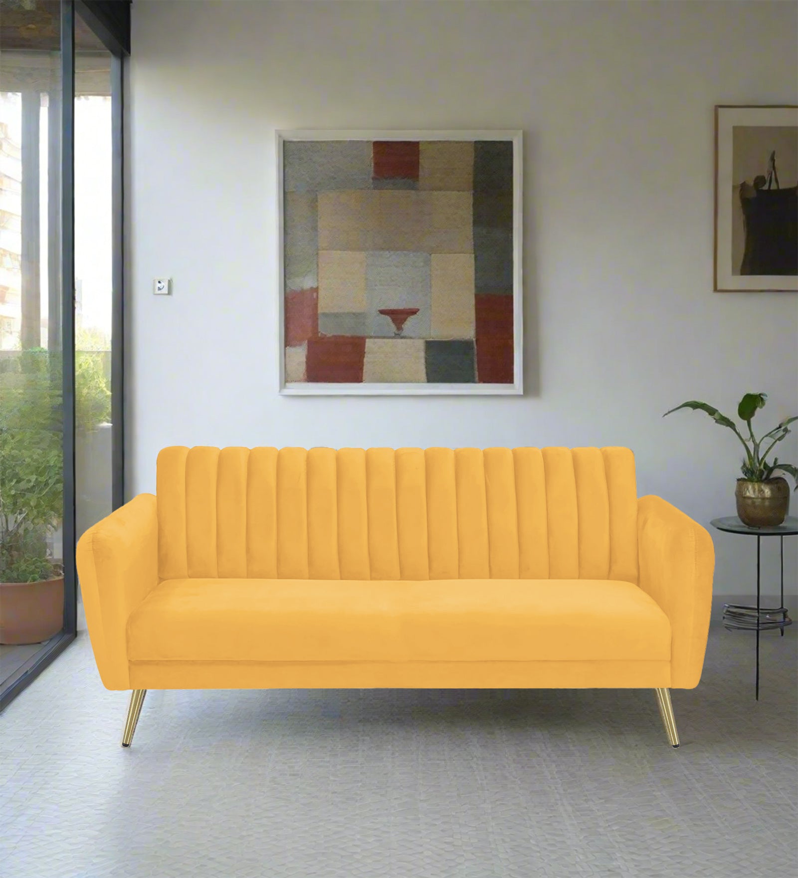 Fidel Velvet 3 Seater Sofa In Turmeric Yellow Colour