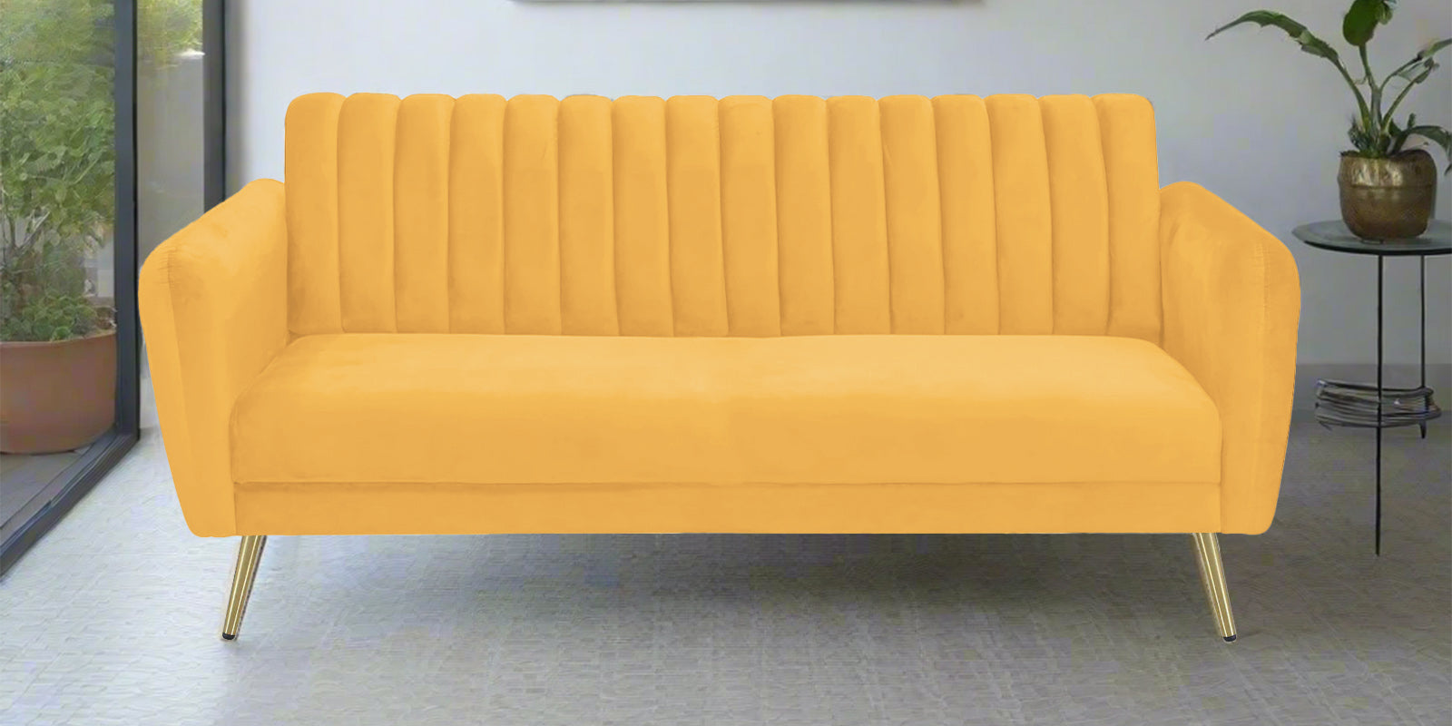 Fidel Velvet 3 Seater Sofa In Turmeric Yellow Colour