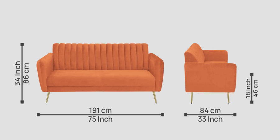 Fidel Velvet 3 Seater Sofa In Yam Orange Colour - Febonic Living