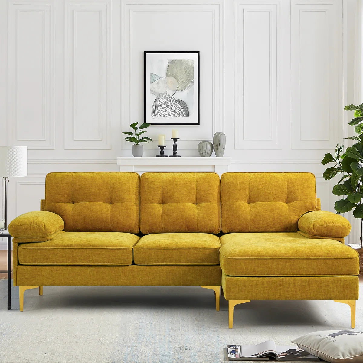 Faron Fabric LHS Sectional Sofa (2+Lounger) In Bold Yellow Colour