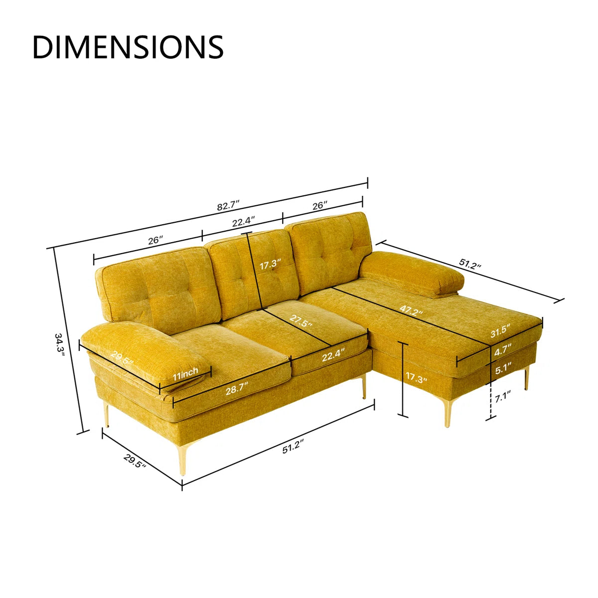 Faron Fabric LHS Sectional Sofa (2+Lounger) In Bold Yellow Colour