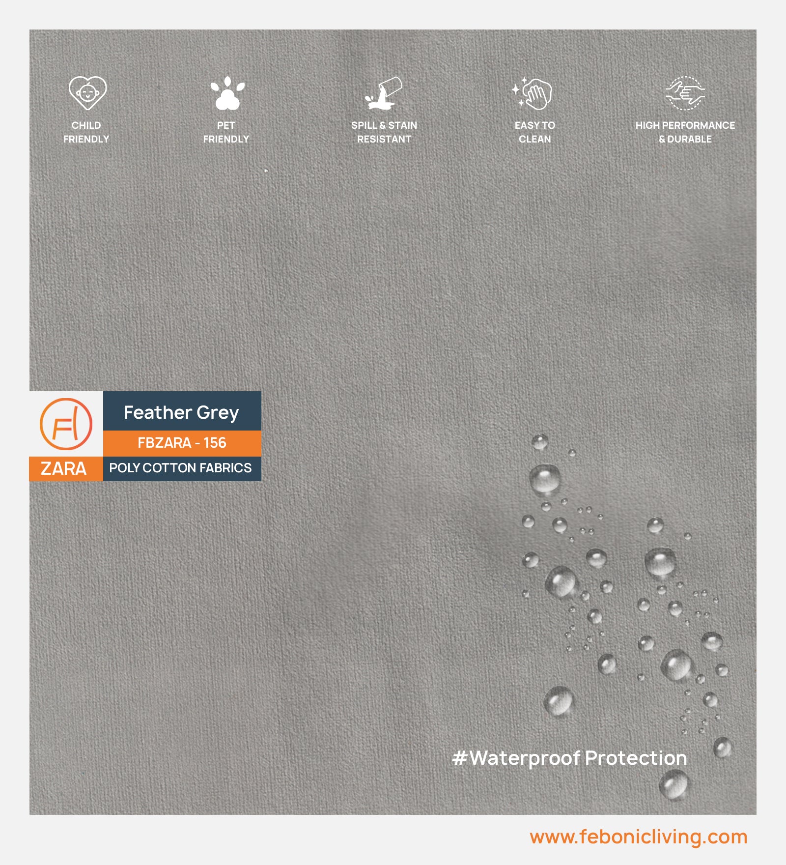 Velvet Zara Water Proof Fabric Feather Grey 156 Code - Febonic Living