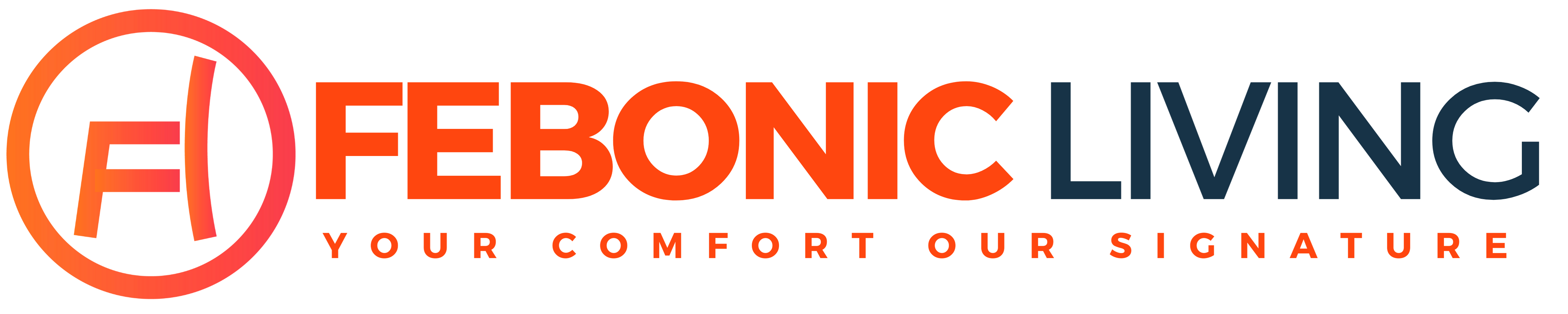 Febonic Living logo with tagline 'Your comfort, our signature' on a white background