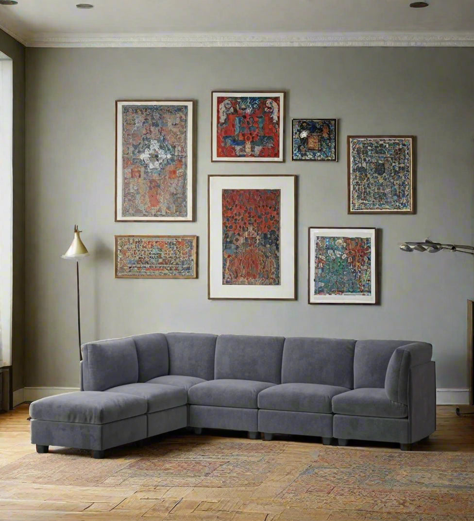 Fidra Velvet 6 Seater Modular Sectional Sofa With Reversible Ottomans In Davy Grey Colour