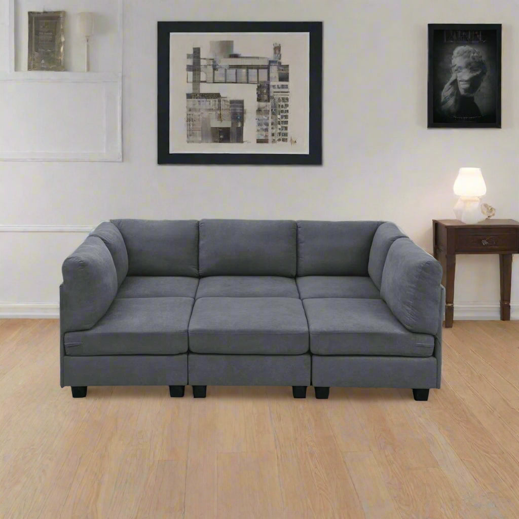 Fidra Velvet 6 Seater Modular Sectional Sofa With Reversible Ottomans In Davy Grey Colour