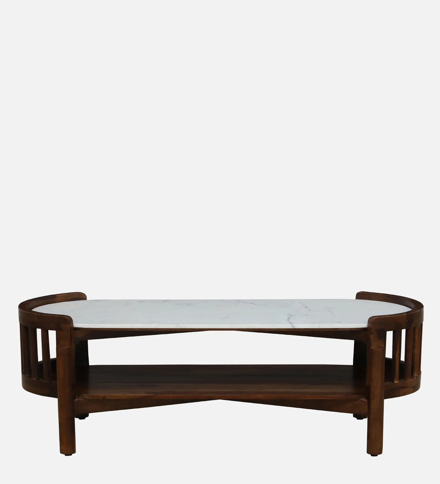Humta Sheesham Wood Oval Coffee Table In Provincial Teak Finish With Marble Top - Febonic Living