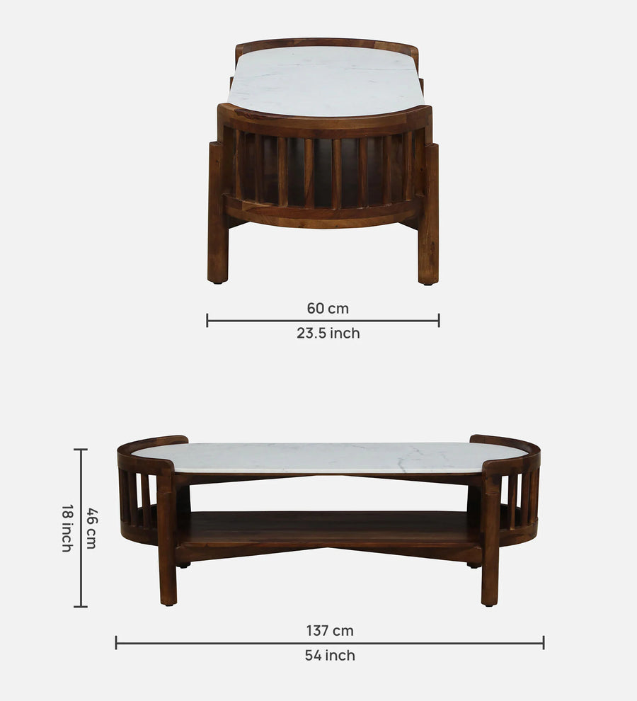 Humta Sheesham Wood Oval Coffee Table In Provincial Teak Finish With Marble Top - Febonic Living