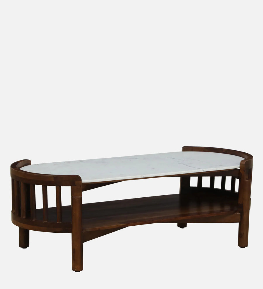 Humta Sheesham Wood Oval Coffee Table In Provincial Teak Finish With Marble Top - Febonic Living