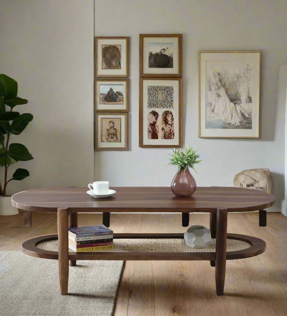 Humta Sheesham Wood Oval Coffee Table In Provincial Teak Finish - Febonic Living