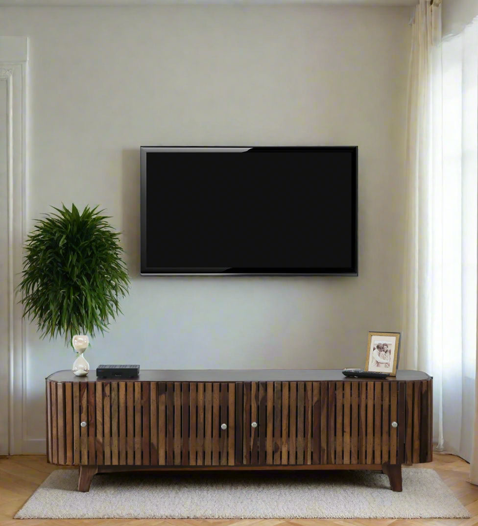 Milini Sheesham Wood TV Console In Provincial Teak Finish For TV's Up To 70 In - Febonic Living