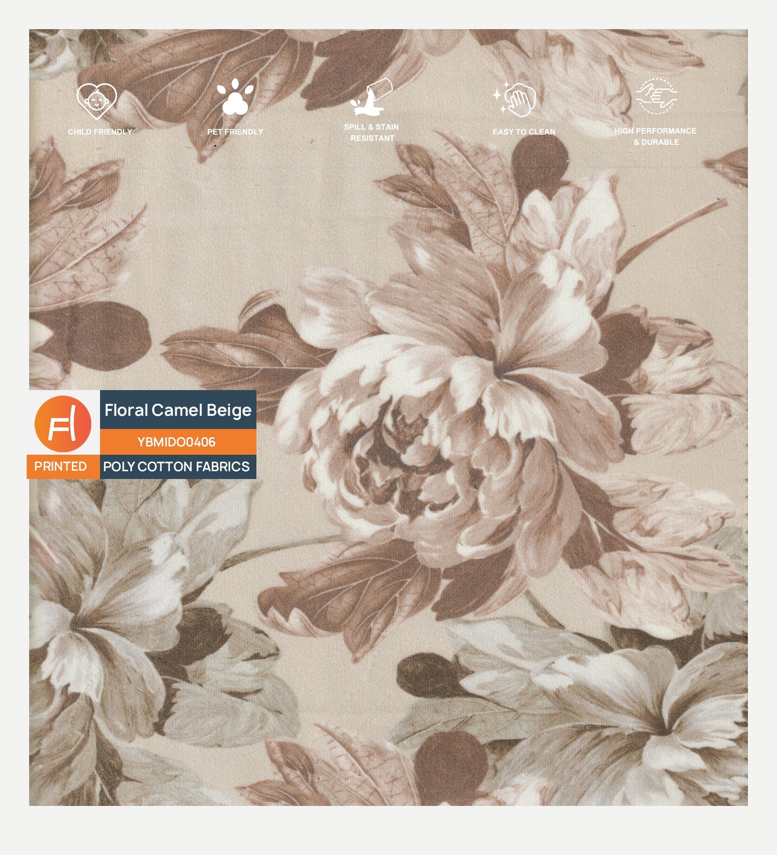 Floral Camel Beige Printed Pattern in Poly Cotton Fabric