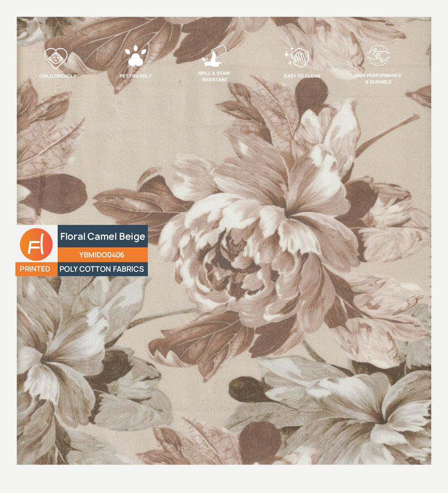 Velvet Digital Printed Fabric Floral Camel Beige 406 Code by Febonic Living