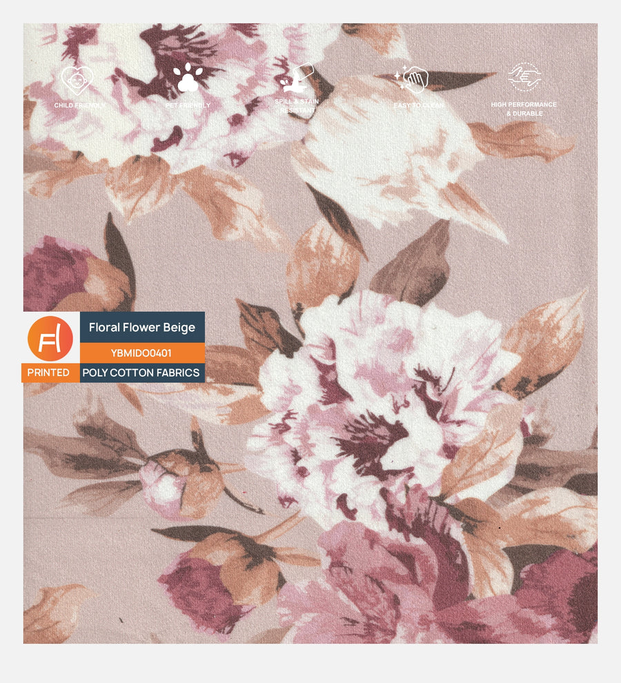 Velvet Digital Printed Fabric Floral Flower Beige 401 Code by Febonic Living