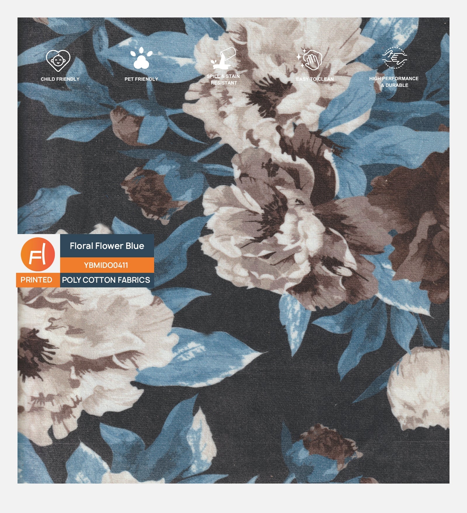 Floral Blue Printed Pattern in Poly Cotton Fabric