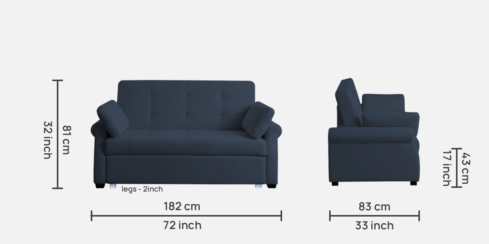 Fornia 3 Seater Pull Out Fabric Sofa Cum Bed - Denim Blue Dimension - Febonic Living
