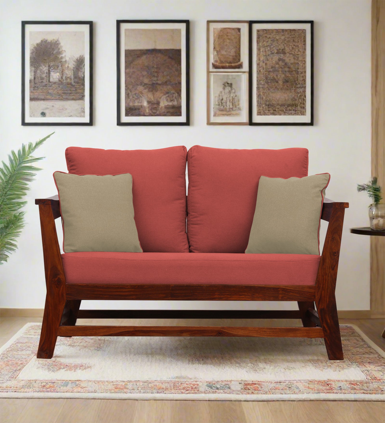 Fuju Fabric 2 Seater Sofa in Crypto Salmon Pink Colour - Febonic Living