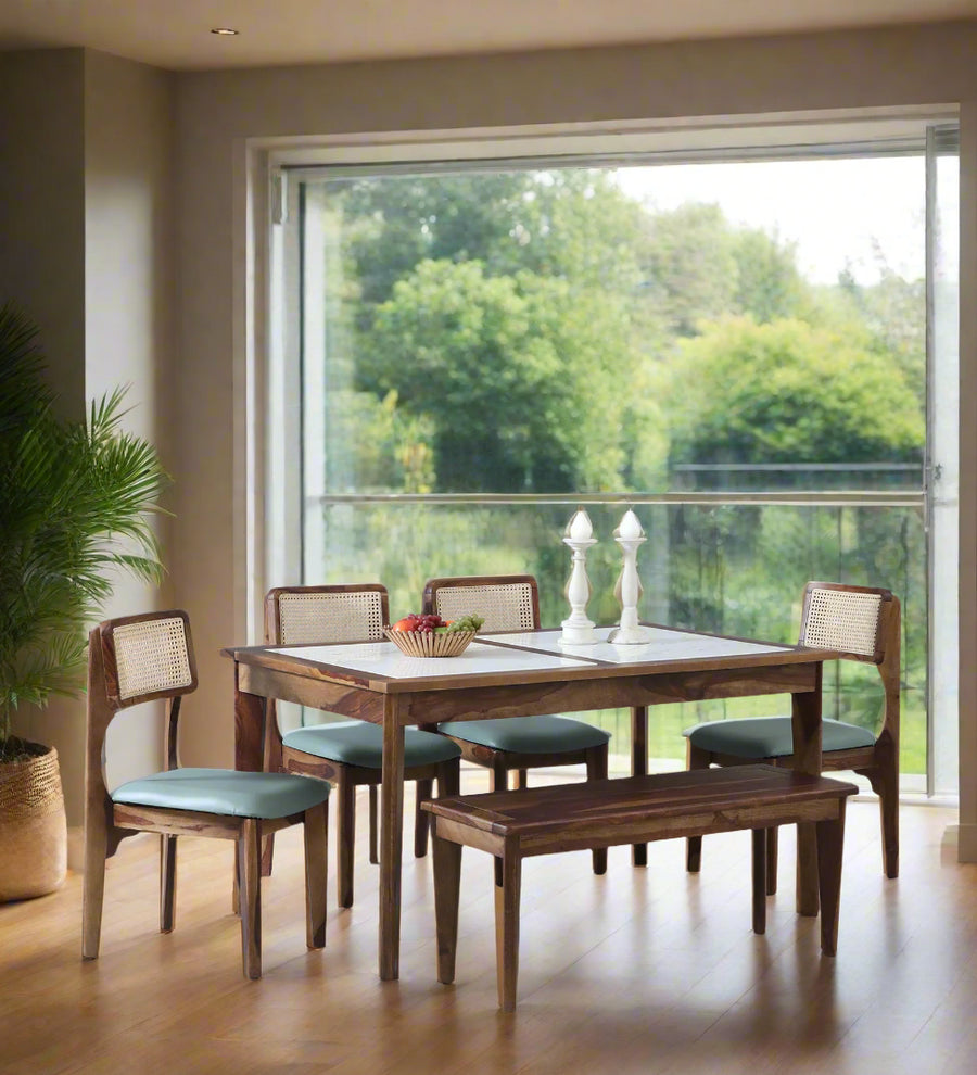 Simra Sheesham Wood 6 Seater Dining Set In Scratch Resistant Provincial Teak Finish With Marbel Top & Bench - Febonic Living