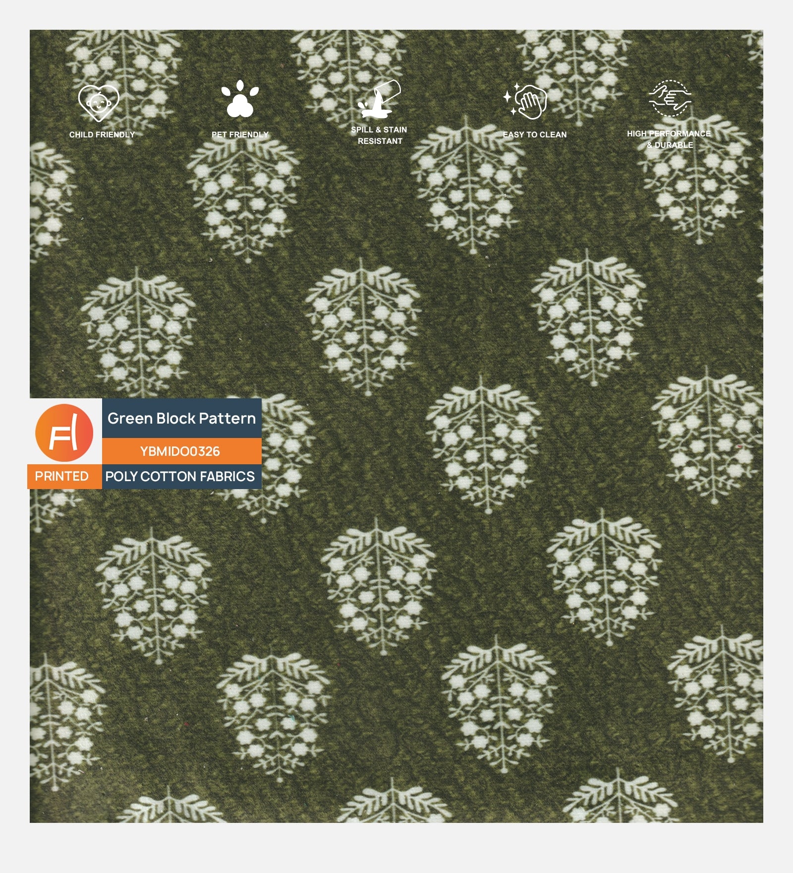 Green Block Printed Pattern in Poly Cotton Fabric