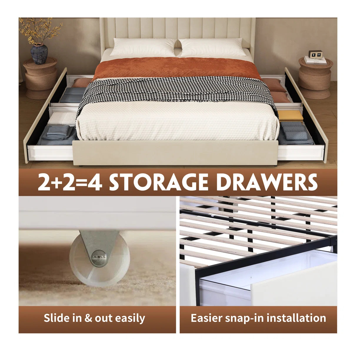 Hunar Velvet Upholstered King Size Bed In Warm White Colour With Drawer Storage
