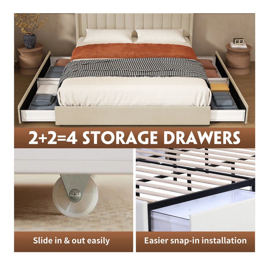 Hunar Velvet Upholstered King Size Bed In Warm White Colour With Drawer Storage - Febonic Living
