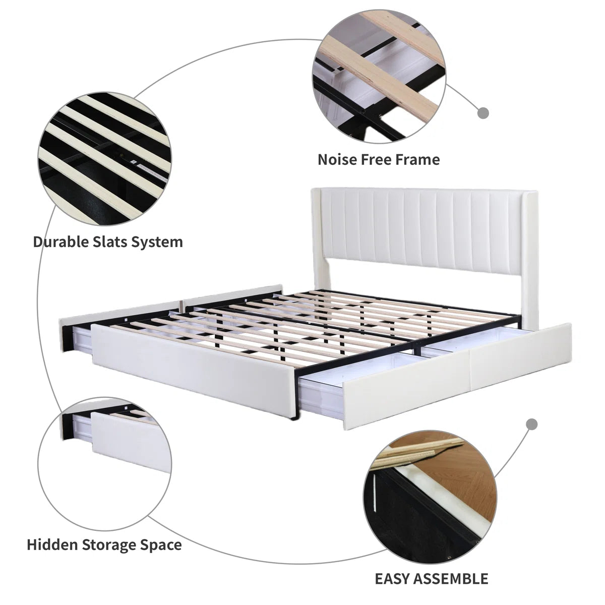 Hunar Velvet Upholstered King Size Bed In Warm White Colour With Drawer Storage