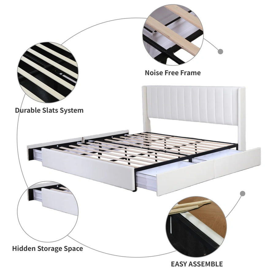 Hunar Velvet Upholstered King Size Bed In Warm White Colour With Drawer Storage - Febonic Living