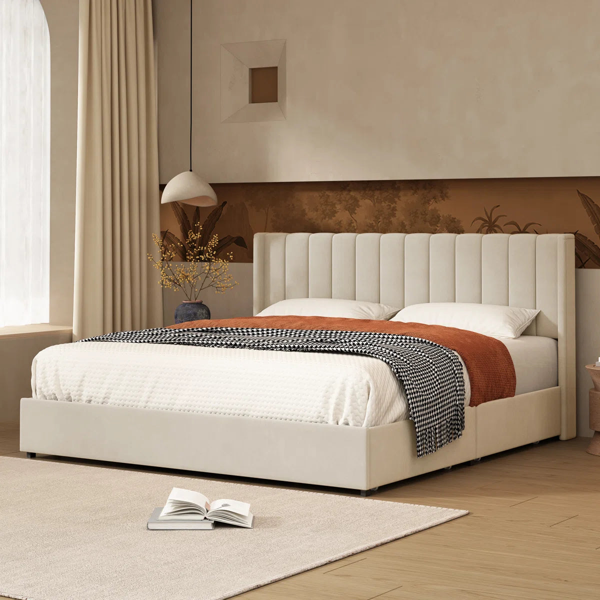 Hunar Velvet Upholstered King Size Bed In Warm White Colour With Drawer Storage