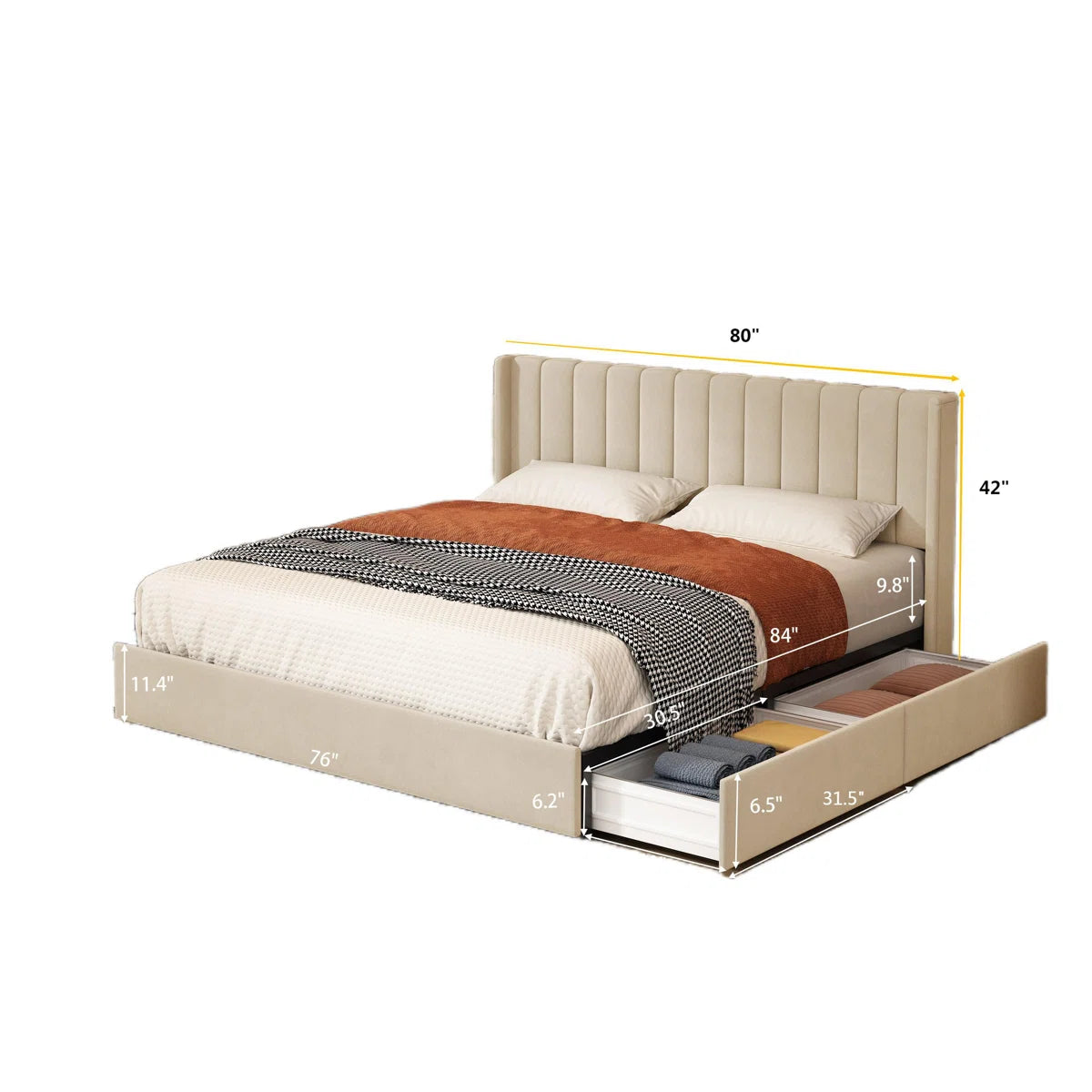 Hunar Velvet Upholstered King Size Bed In Warm White Colour With Drawer Storage