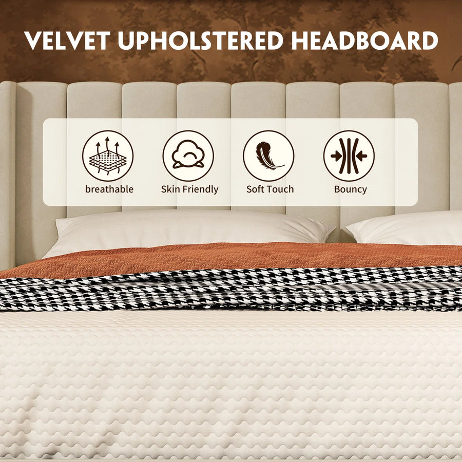Hunar Velvet Upholstered King Size Bed In Warm White Colour With Drawer Storage - Febonic Living