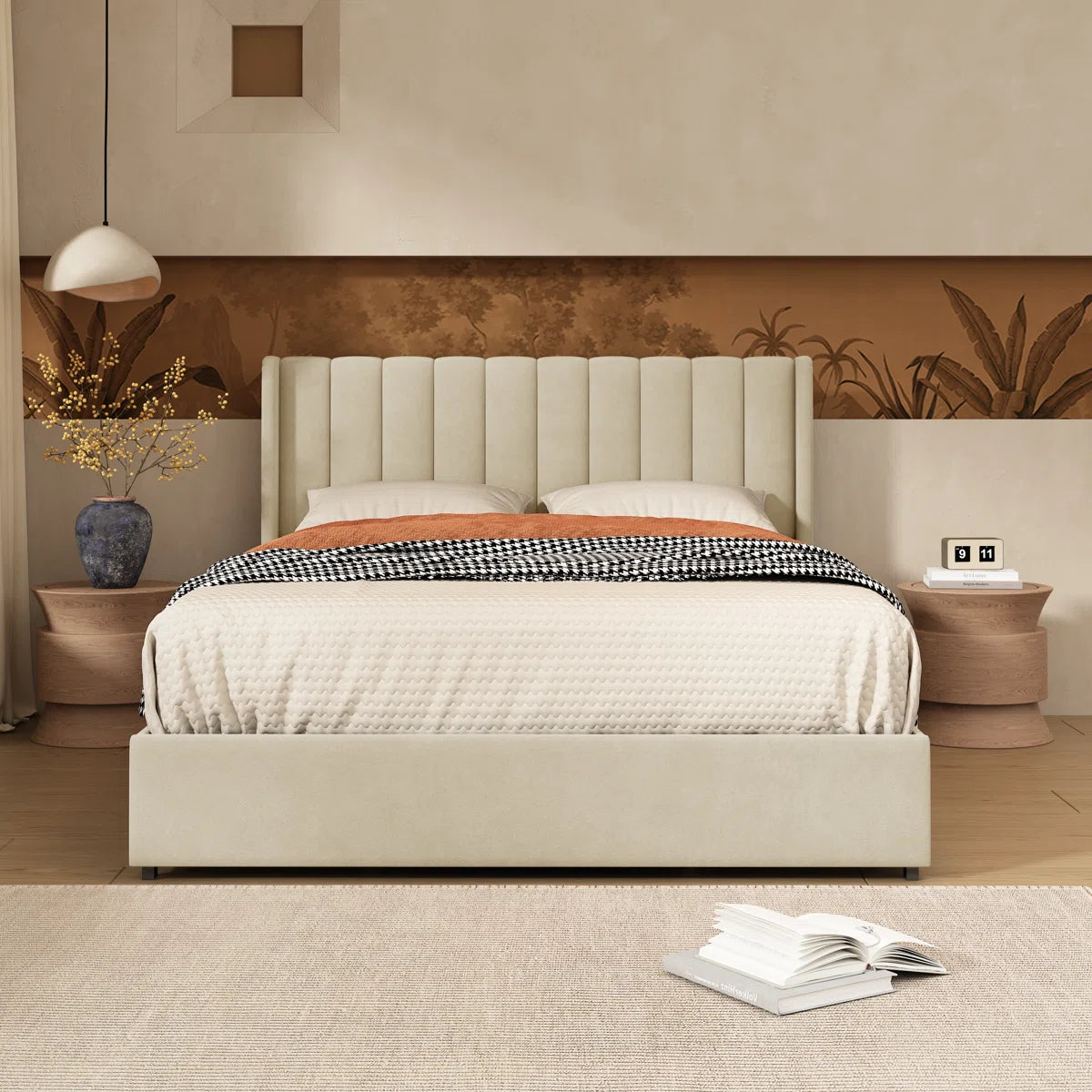 Hunar Velvet Upholstered King Size Bed In Warm White Colour With Drawer Storage