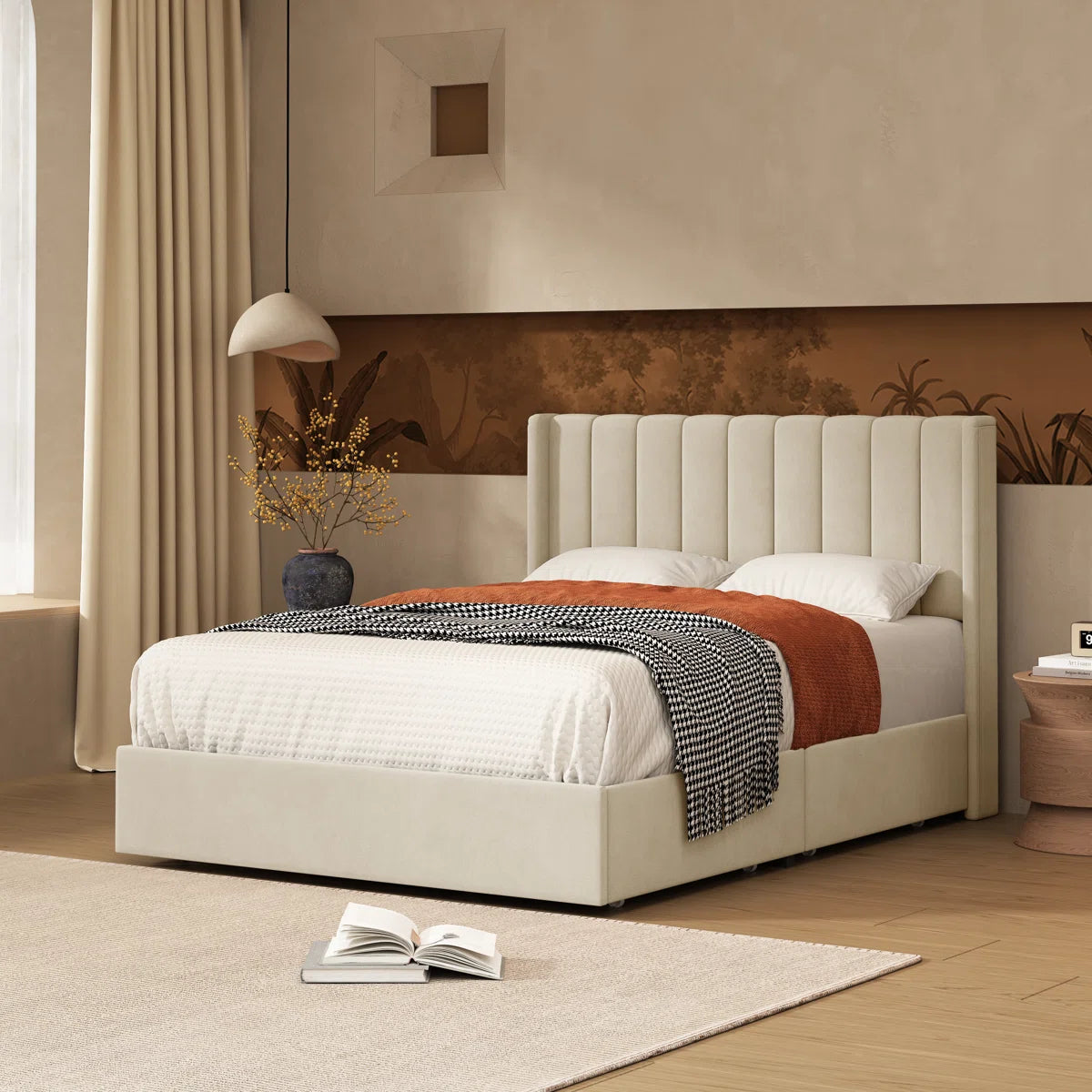 Hunar Velvet Upholstered King Size Bed In Warm White Colour With Drawer Storage
