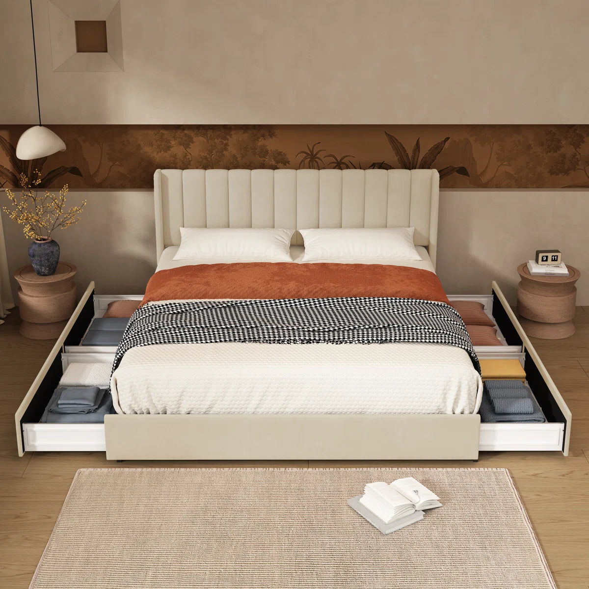 Hunar Velvet Upholstered King Size Bed In Warm White Colour With Drawer Storage