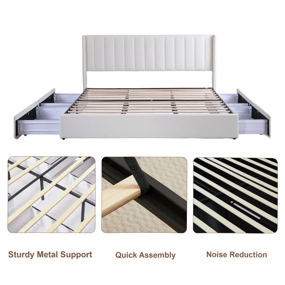 Hunar Velvet Upholstered King Size Bed In Warm White Colour With Drawer Storage