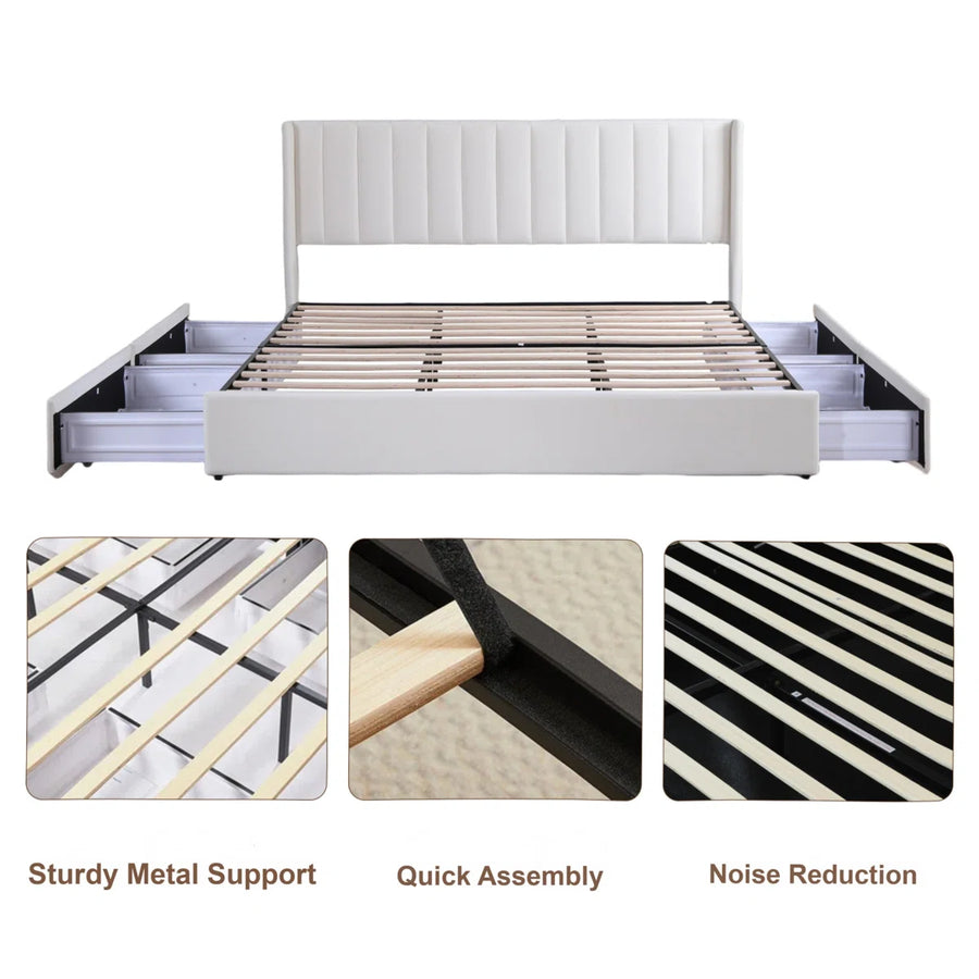 Hunar Velvet Upholstered King Size Bed In Warm White Colour With Drawer Storage - Febonic Living