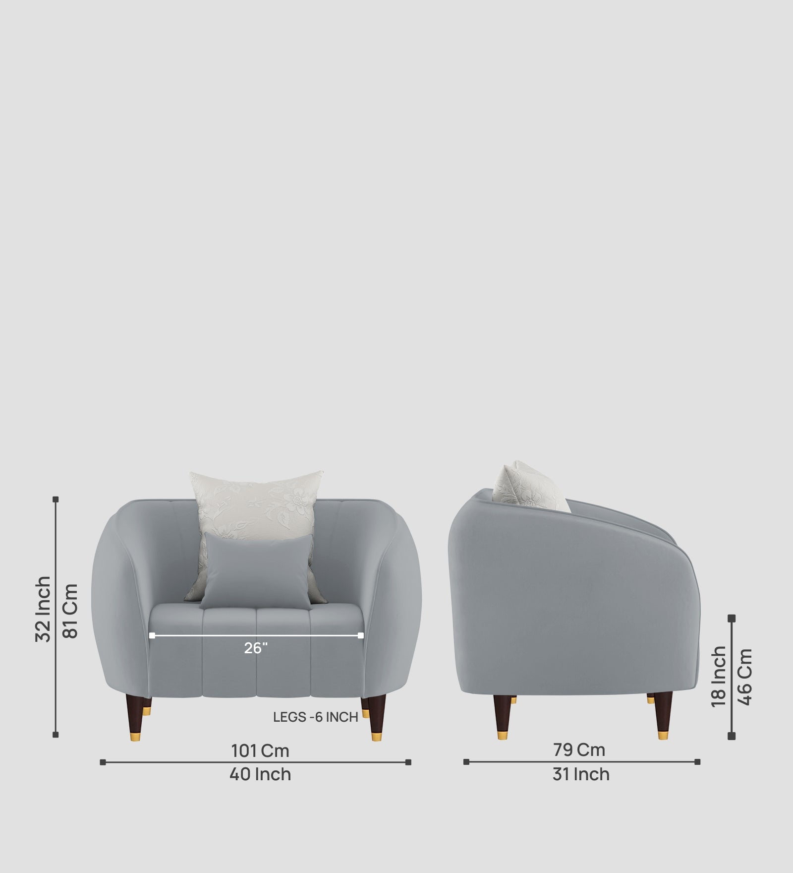 Hairo Velvet 1 Seater Sofa In Concrete Grey Colour