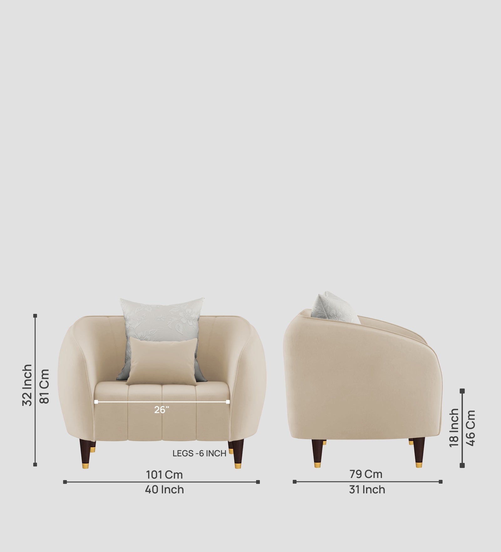 Hairo Velvet 1 Seater Sofa In Cream Beige Colour