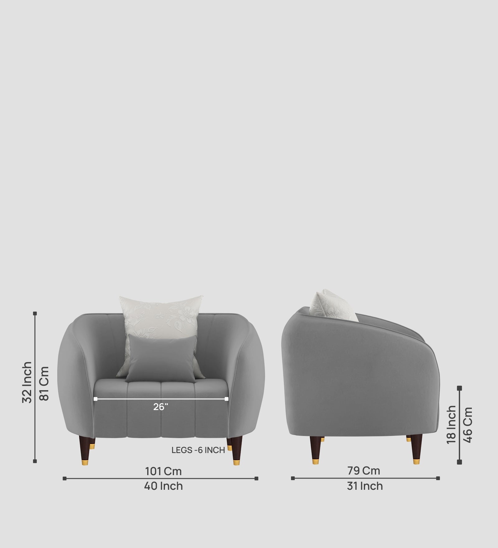 Hairo Velvet 1 Seater Sofa In Light Grey Colour