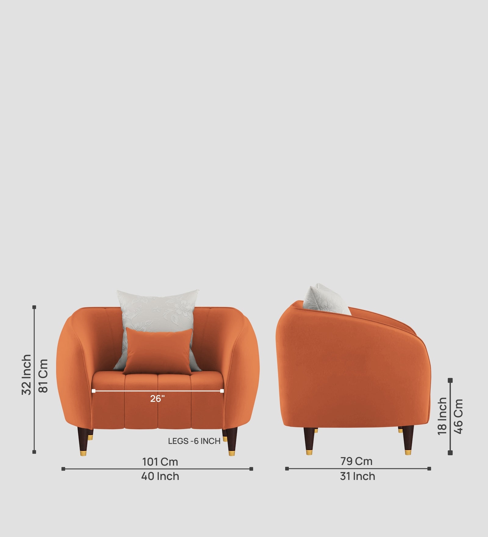 Hairo Velvet 1 Seater Sofa In Yam Orange Colour