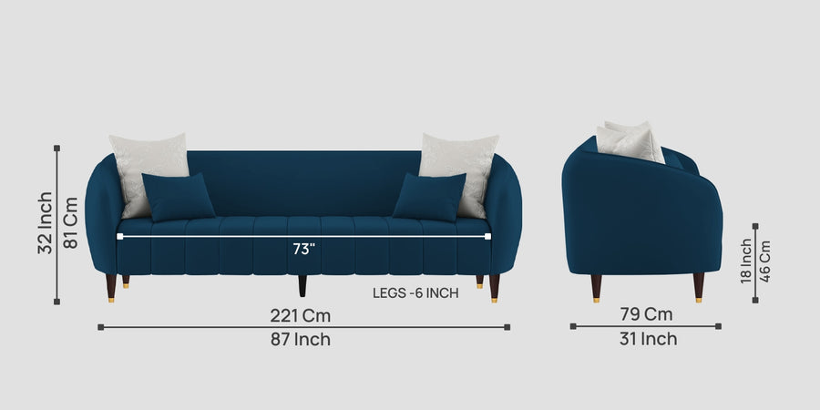 Hairo Velvet 3 Seater Sofa In Azure Blue Colour - Febonic Living