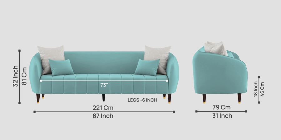 Hairo Velvet 3 Seater Sofa In Barmunda Aqua Colour - Febonic Living