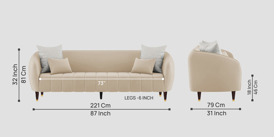 Hairo Velvet 3 Seater Sofa In Cream Beige Colour - Febonic Living