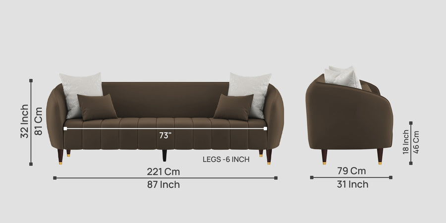 Hairo Velvet 3 Seater Sofa In Shade Brown Colour - Febonic Living