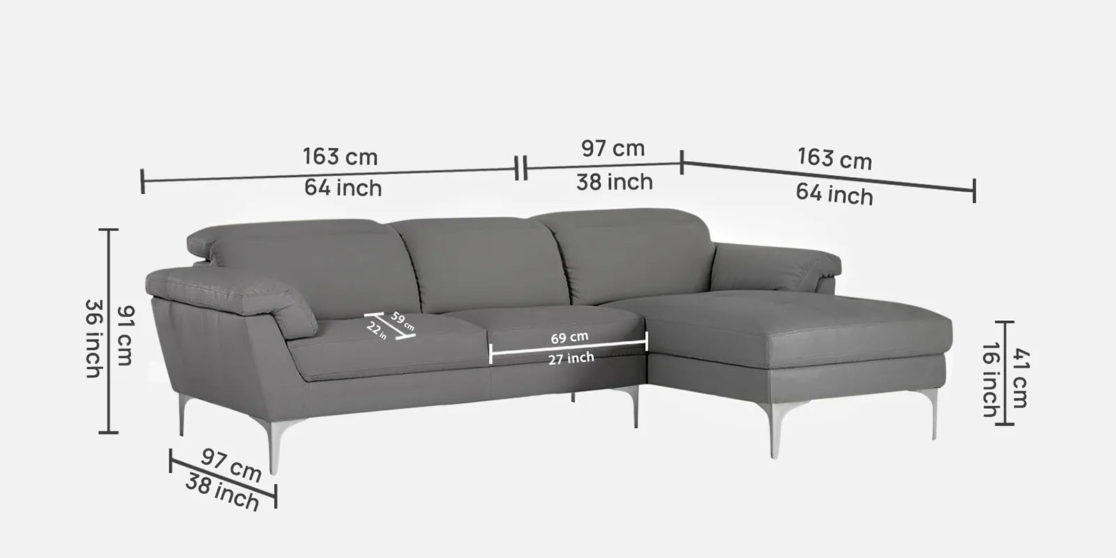Halie Leatherette LHS Sectional Sofa (2+Lounger) In Dim Grey Colour