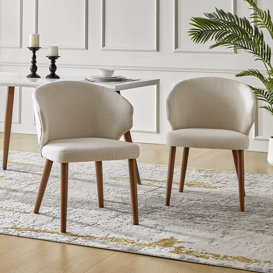 Halvor Boucle Fabric Dining Chair In Shell White Colour Set Of 2 - Febonic Living