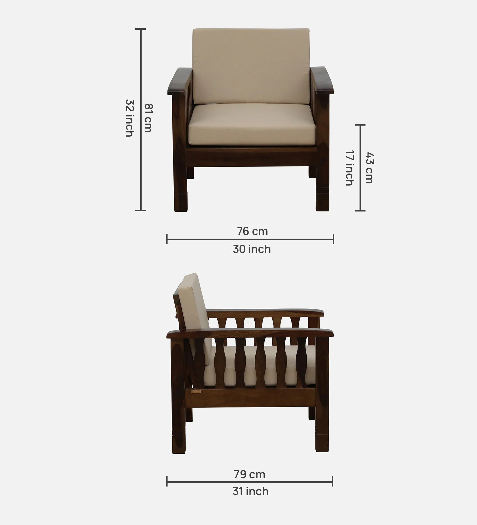 Tanji Sheesham Wood 1 Seater Sofa In Beige Colour - Febonic Living