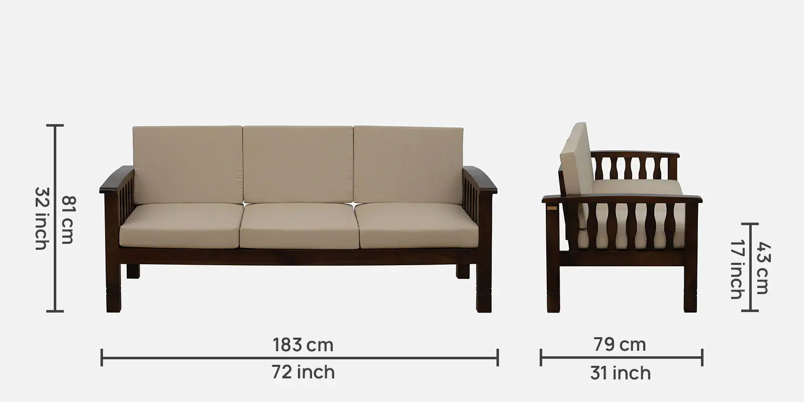 Tanji Sheesham Wood 3 Seater Sofa In Beige Colour - Febonic Living
