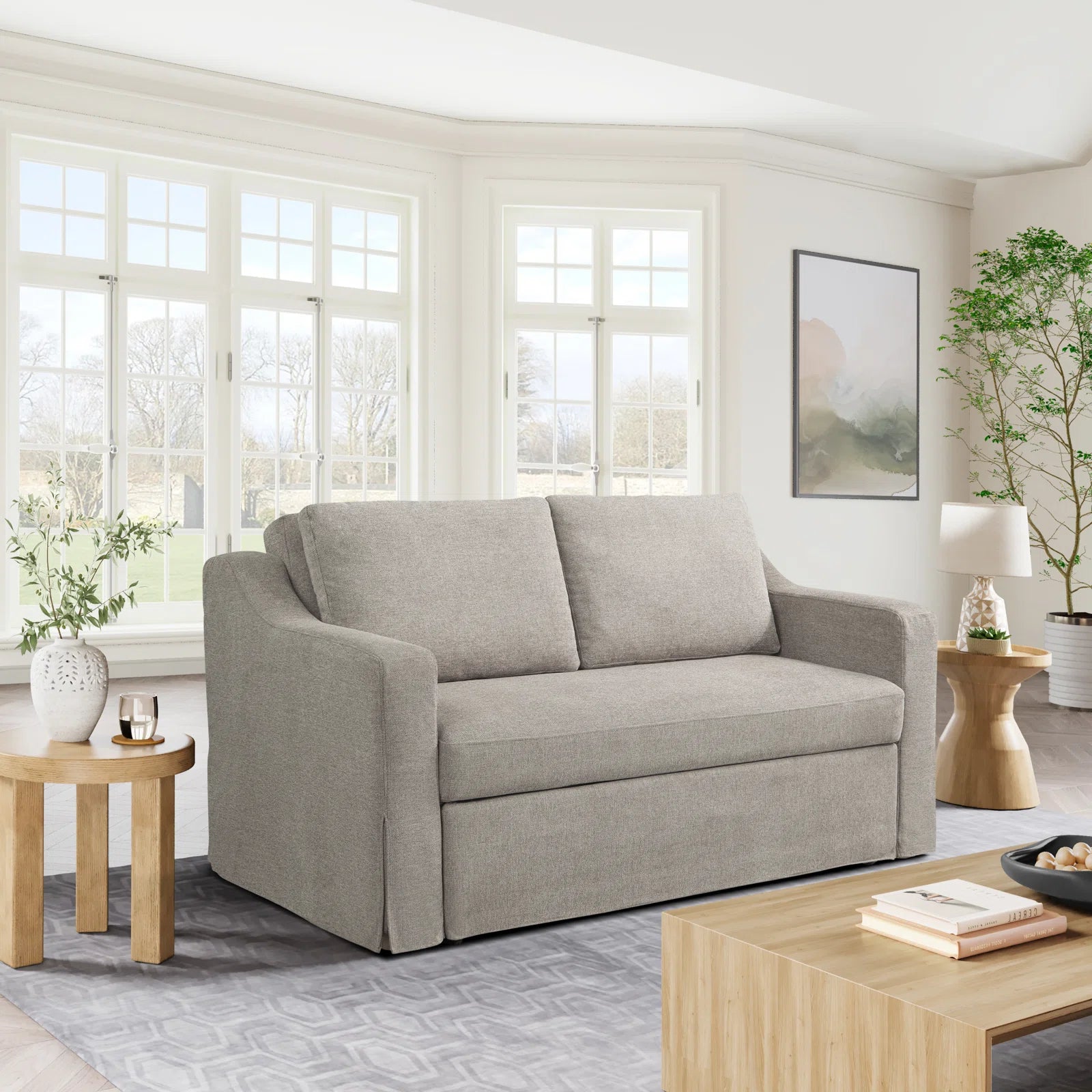 Tisla Fabric 2 Seater Pull Out Sofa Cum Bed In Silver Grey Colour