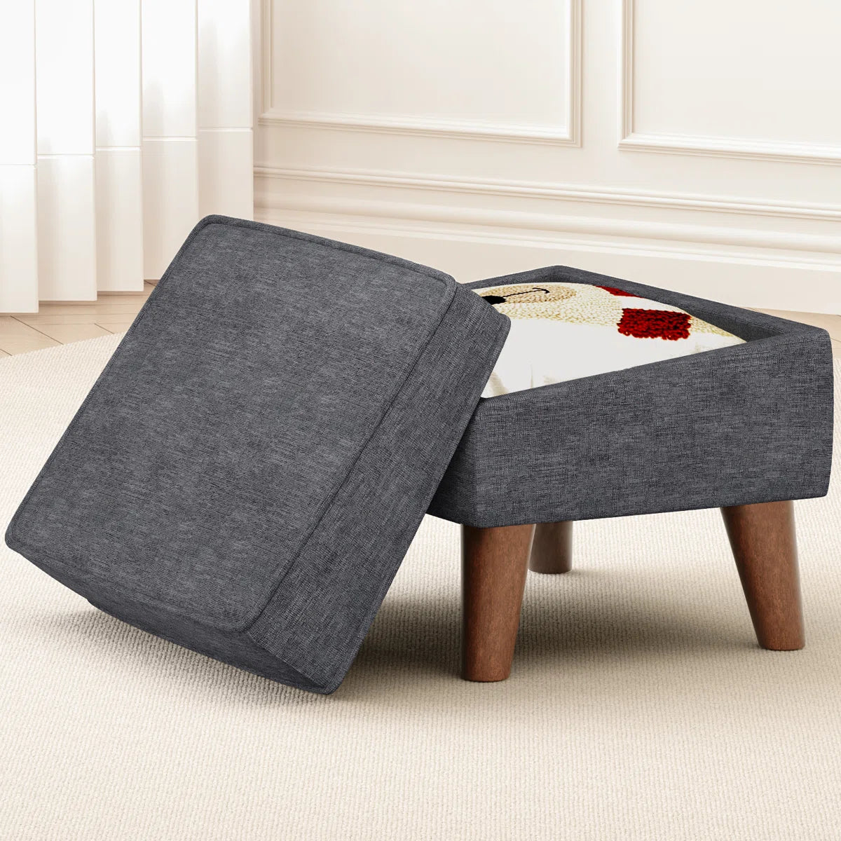 Hayak Fabric Ottoman In Charcoal Grey Colour With Storage